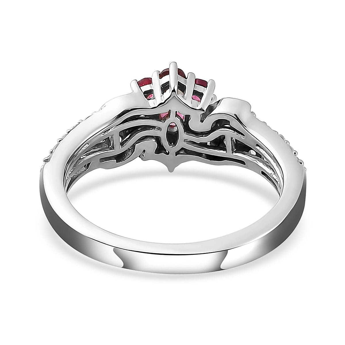 Ouro Fino Rubellite and Natural White Zircon Floral Split Shank Ring in Platinum Over Sterling Silver (Size 10.0) 0.75 ctw