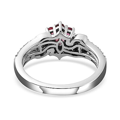 Ouro Fino Rubellite and Natural White Zircon Floral Split Shank Ring in Platinum Over Sterling Silver (Size 10.0) 0.75 ctw