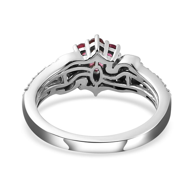 Ouro Fino Rubellite and Natural White Zircon Floral Split Shank Ring in Platinum Over Sterling Silver (Size 10.0) 0.75 ctw