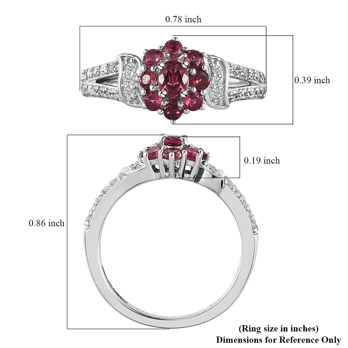 Ouro Fino Rubellite and Natural White Zircon Floral Split Shank Ring in Platinum Over Sterling Silver (Size 10.0) 0.75 ctw