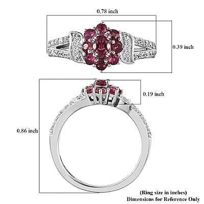 Ouro Fino Rubellite and Natural White Zircon Floral Split Shank Ring in Platinum Over Sterling Silver (Size 10.0) 0.75 ctw