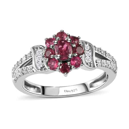 Premium Ouro Fino Rubellite and White Zircon Floral Split Shank Ring in Platinum Over Sterling Silver (Size 8.0) 0.75 ctw image number 0
