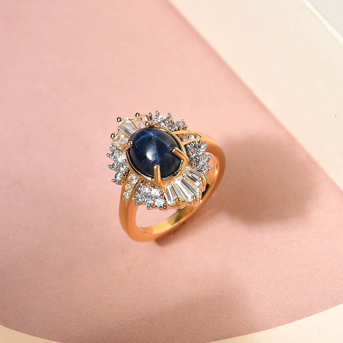 Thai Blue Star Sapphire, Natural White Zircon Ring in Vermeil YG Over Sterling Silver (Size 10.0) 3.85 ctw image number 1