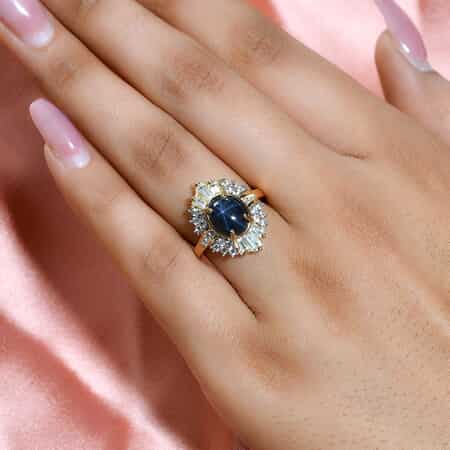 Thai Blue Star Sapphire and Natural White Zircon Ring in Vermeil Yellow Gold Over Sterling Silver (Size 8.0) 3.85 ctw image number 2