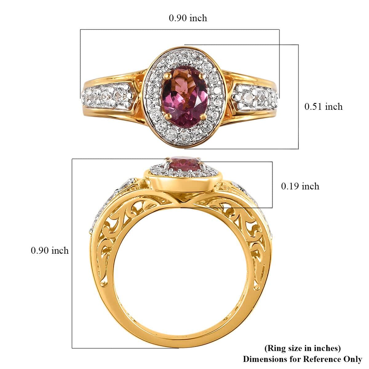 Premium Ouro Fino Rubellite, Natural White Zircon Halo Ring in Vermeil YG Over Sterling Silver (Size 10.0) 1.15 ctw image number 5