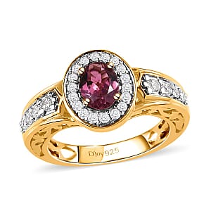 Premium Ouro Fino Rubellite and Natural White Zircon Halo Ring in Vermeil Yellow Gold Over Sterling Silver (Size 5.0) 1.15 ctw