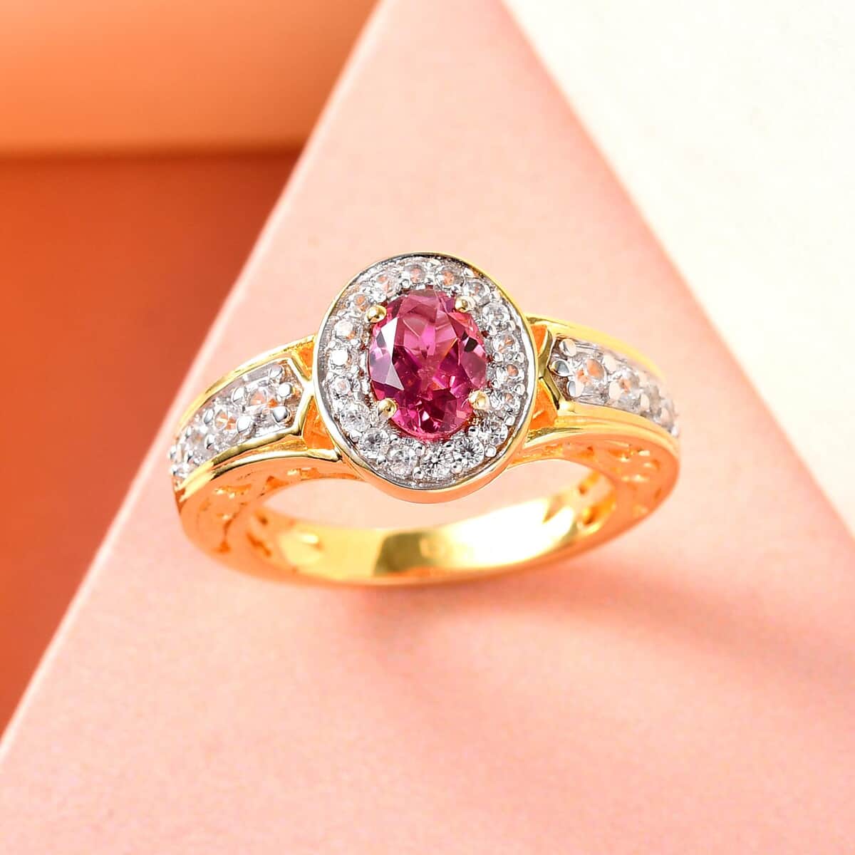 Premium Ouro Fino Rubellite and Natural White Zircon Halo Ring in Vermeil Yellow Gold Over Sterling Silver (Size 5.0) 1.15 ctw image number 1