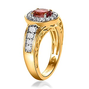 Premium Ouro Fino Rubellite and Natural White Zircon Halo Ring in Vermeil Yellow Gold Over Sterling Silver (Size 5.0) 1.15 ctw