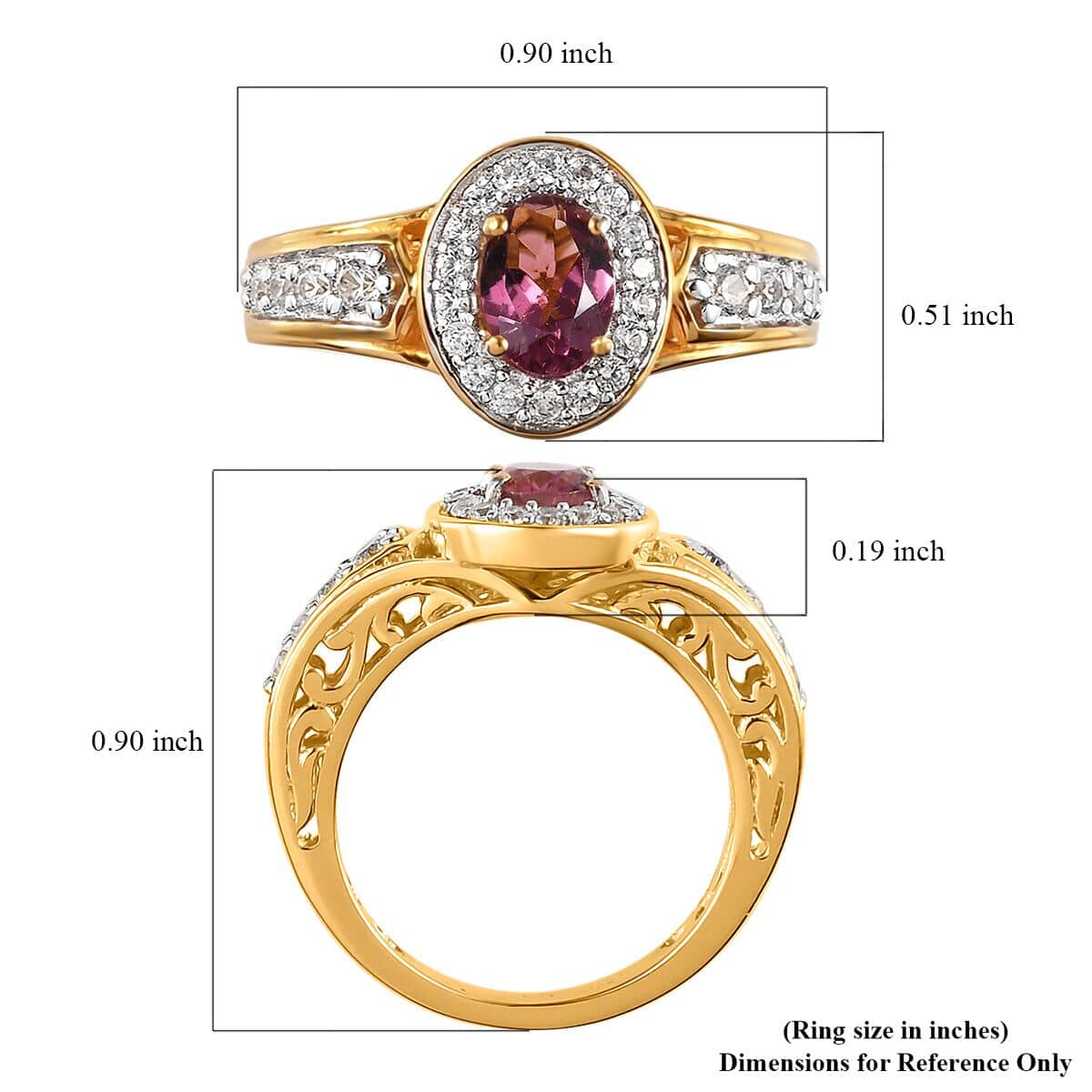 Premium Ouro Fino Rubellite and Natural White Zircon Halo Ring in Vermeil Yellow Gold Over Sterling Silver (Size 5.0) 1.15 ctw image number 5