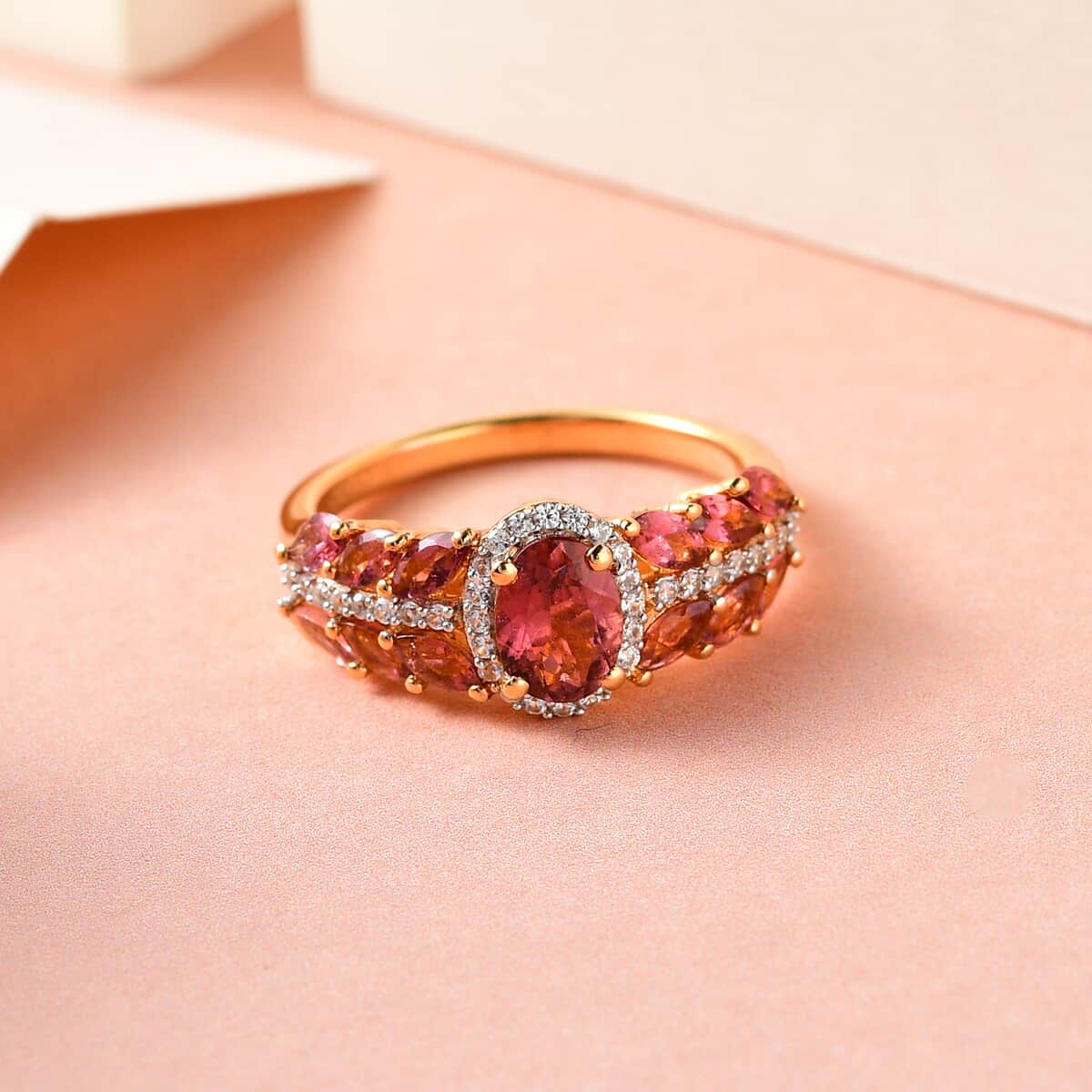 Premium Ouro Fino Rubellite, Natural White Zircon Ring in Vermeil YG Over Sterling Silver (Size 10.0) 2.00 ctw image number 1