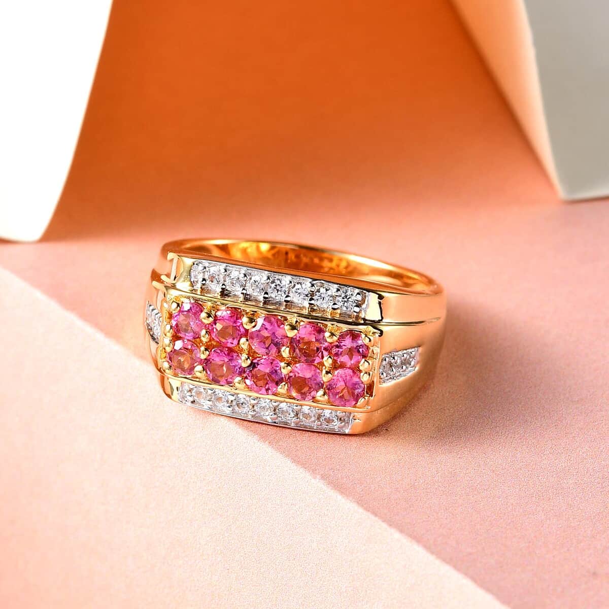 Premium Ouro Fino Rubellite and Natural White Zircon Men's Ring in Vermeil Yellow Gold Over Sterling Silver (Size 10.0) 8.25 Grams 1.40 ctw image number 1