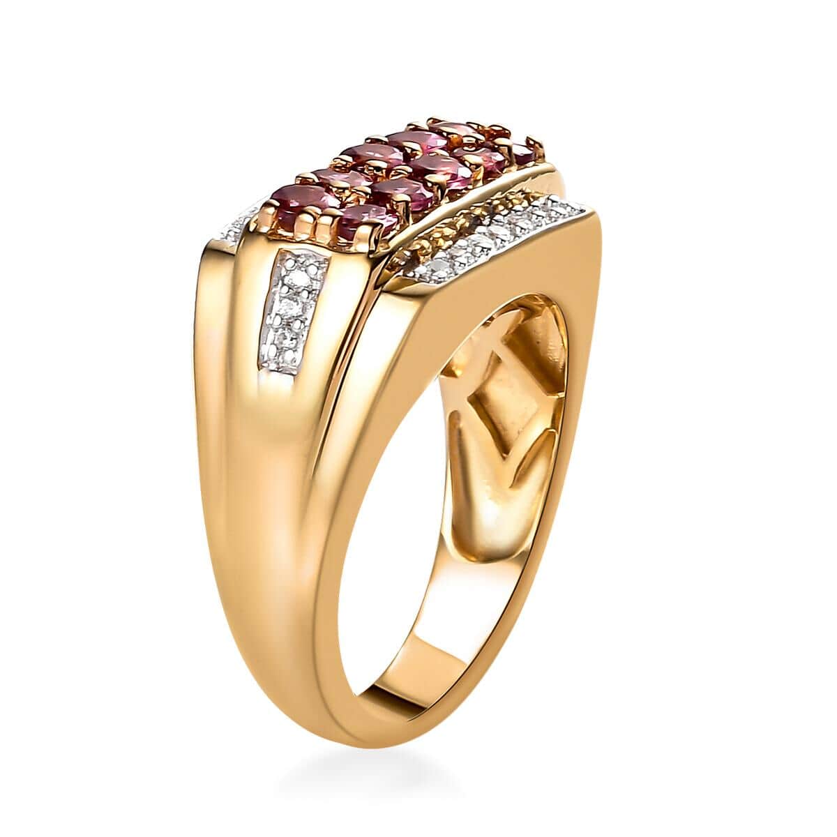 Premium Ouro Fino Rubellite and Natural White Zircon Men's Ring in Vermeil Yellow Gold Over Sterling Silver (Size 10.0) 8.25 Grams 1.40 ctw image number 3
