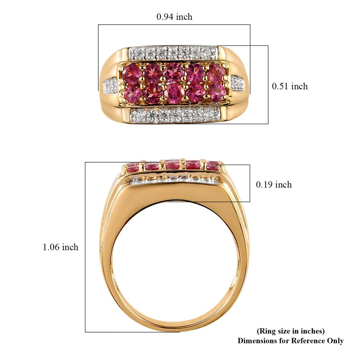 Premium Ouro Fino Rubellite and Natural White Zircon Men's Ring in Vermeil Yellow Gold Over Sterling Silver (Size 10.0) 8.25 Grams 1.40 ctw image number 5