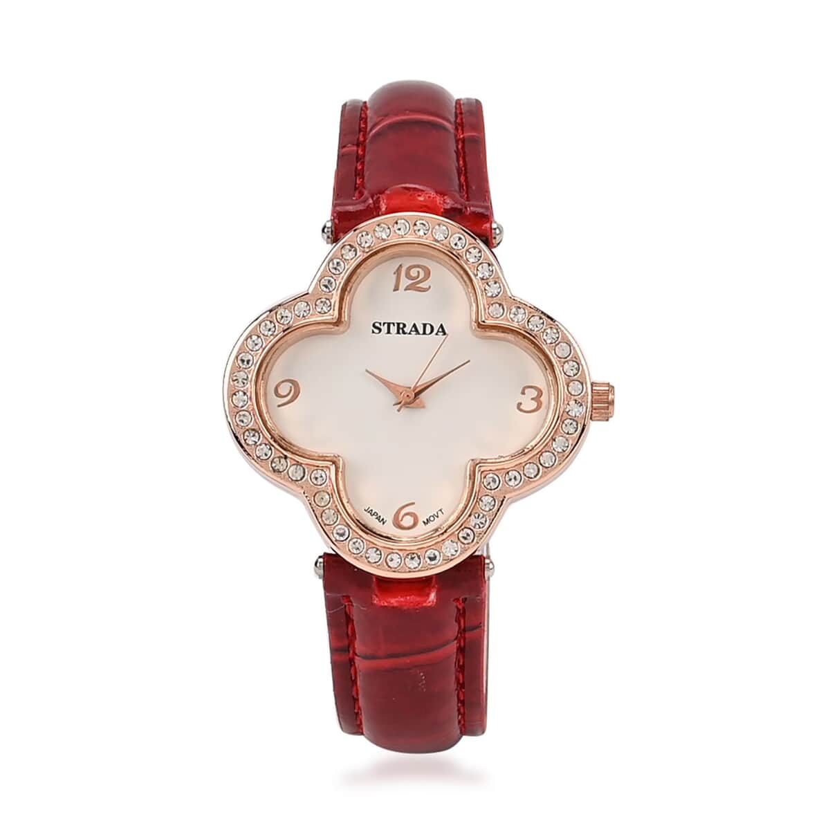 Strada Austrian Crystal Japanese Movement Four Clover Leaf Pattern Watch in Rosetone with Red Faux Leather Strap (36.57mm) (6.5-8.5 Inches) image number 0