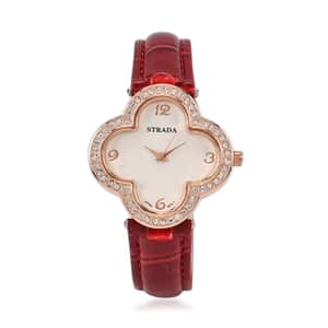 Strada Austrian Crystal Japanese Movement Four Clover Leaf Pattern Watch in Rosetone with Red Faux Leather Strap (36.57mm) (6.5-8.5 Inches)