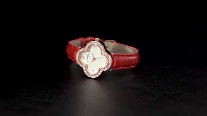 Strada Austrian Crystal Japanese Movement Four Clover Leaf Pattern Watch in Rosetone with Red Faux Leather Strap (36.57mm) (6.5-8.5 Inches)
