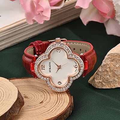 Strada Austrian Crystal Japanese Movement Four Clover Leaf Pattern Watch in Rosetone with Red Faux Leather Strap (36.57mm) (6.5-8.5 Inches)