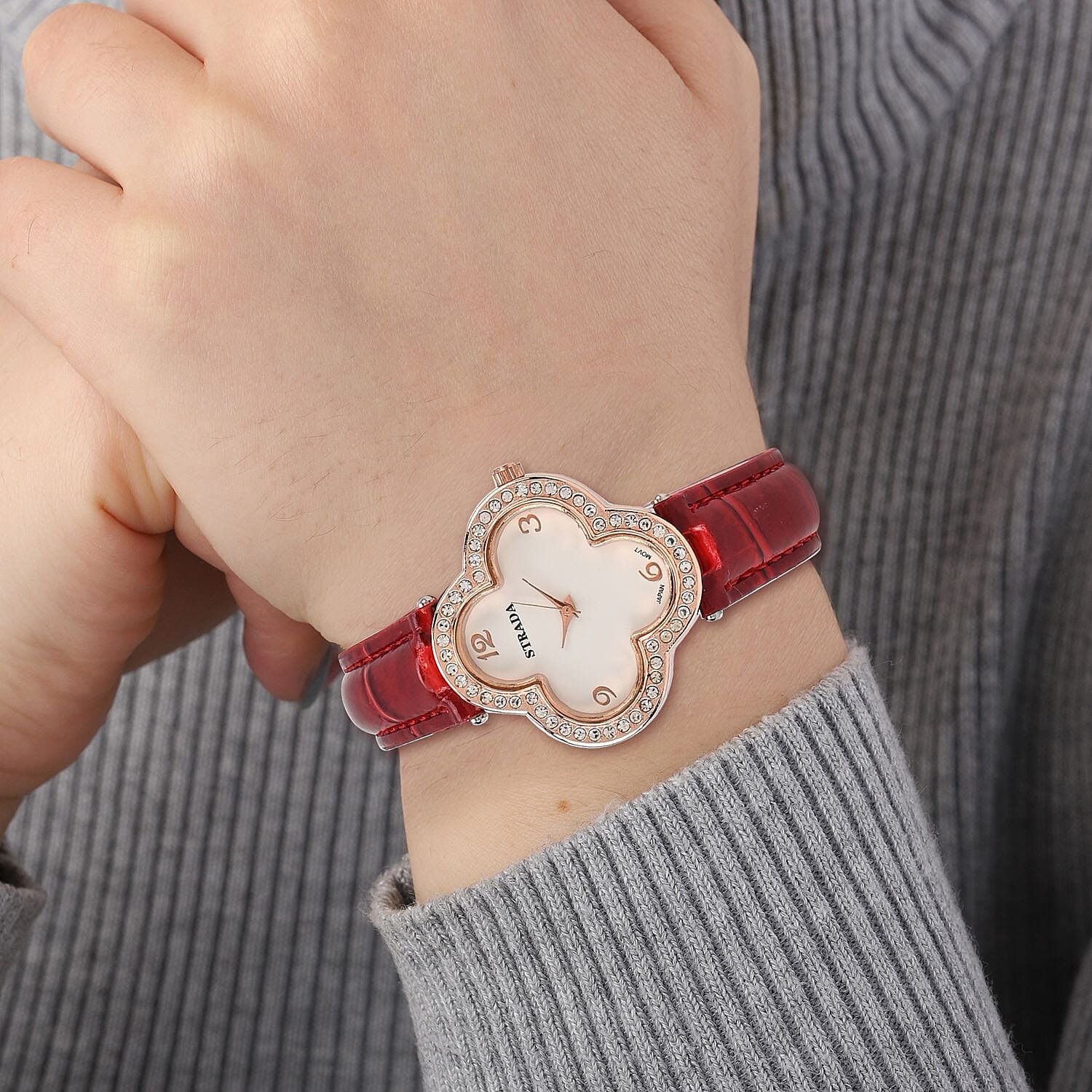 Strada Austrian Crystal Japanese Movement Four Clover Leaf Pattern Watch in Rosetone with Red Faux Leather Strap (36.57mm) (6.5-8.5 Inches)