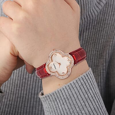 Strada Austrian Crystal Japanese Movement Four Clover Leaf Pattern Watch in Rosetone with Red Faux Leather Strap (36.57mm) (6.5-8.5 Inches)