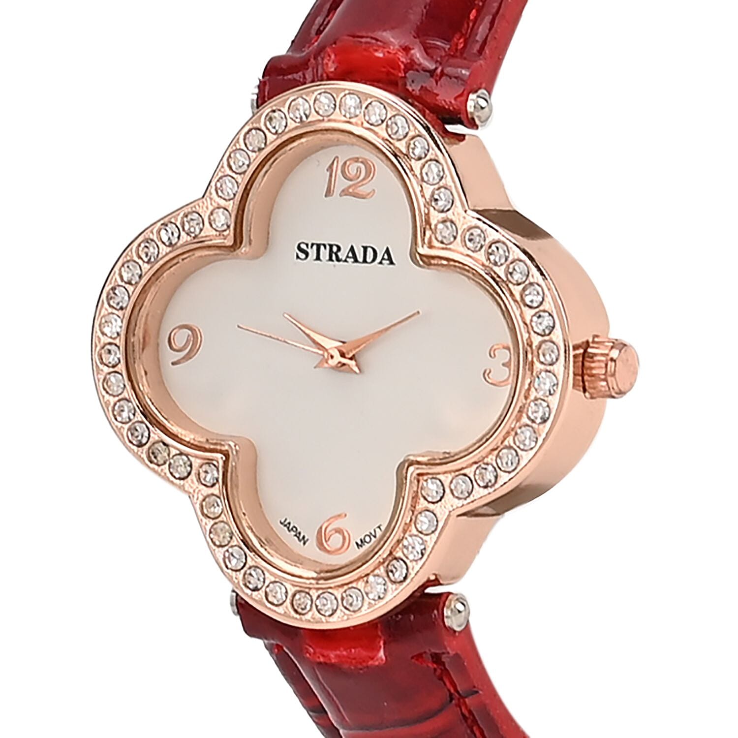 Strada Austrian Crystal Japanese Movement Four Clover Leaf Pattern Watch in Rosetone with Red Faux Leather Strap (36.57mm) (6.5-8.5 Inches)