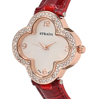 Strada Austrian Crystal Japanese Movement Four Clover Leaf Pattern Watch in Rosetone with Red Faux Leather Strap (36.57mm) (6.5-8.5 Inches)