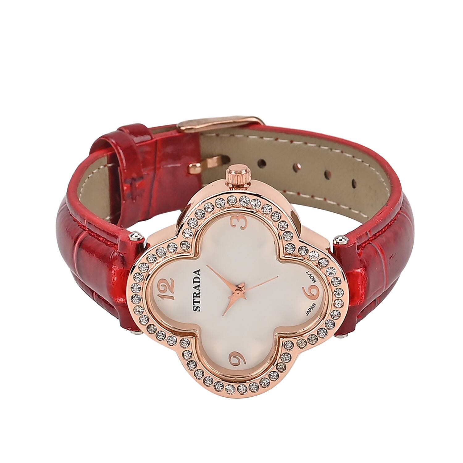 Strada Austrian Crystal Japanese Movement Four Clover Leaf Pattern Watch in Rosetone with Red Faux Leather Strap (36.57mm) (6.5-8.5 Inches)
