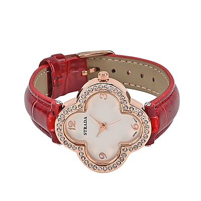Strada Austrian Crystal Japanese Movement Four Clover Leaf Pattern Watch in Rosetone with Red Faux Leather Strap (36.57mm) (6.5-8.5 Inches)