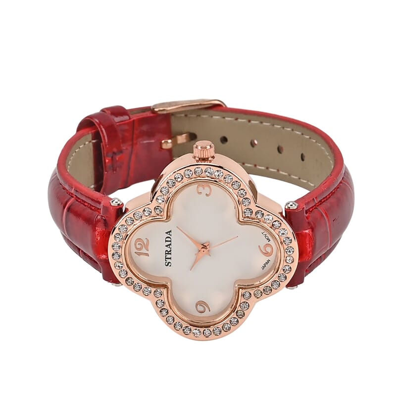 Strada Austrian Crystal Japanese Movement Four Clover Leaf Pattern Watch in Rosetone with Red Faux Leather Strap (36.57mm) (6.5-8.5 Inches)