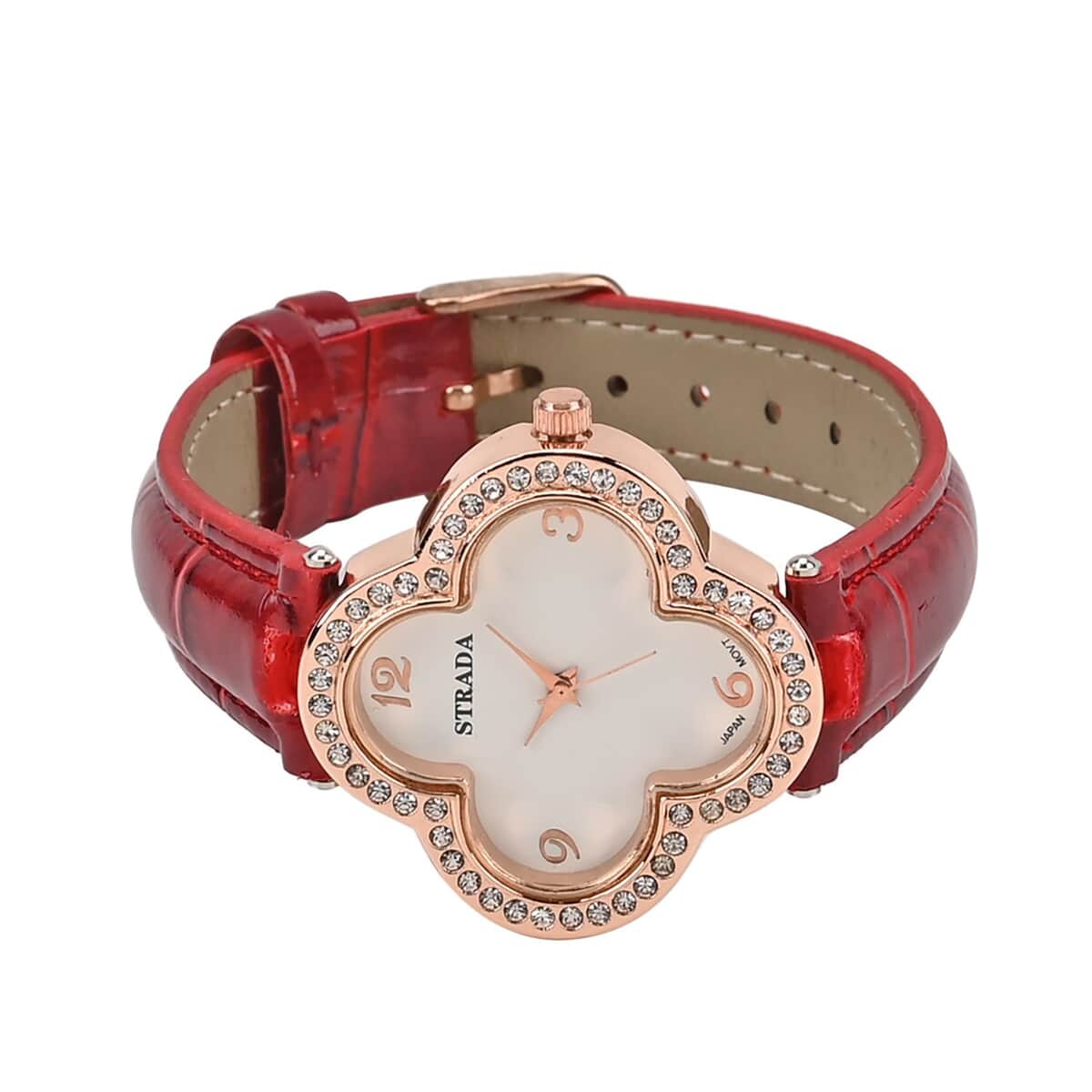Strada Austrian Crystal Japanese Movement Four Clover Leaf Pattern Watch in Rosetone with Red Faux Leather Strap (36.57mm) (6.5-8.5 Inches) image number 4