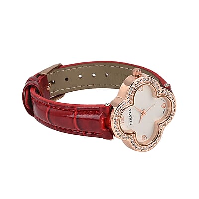 Strada Austrian Crystal Japanese Movement Four Clover Leaf Pattern Watch in Rosetone with Red Faux Leather Strap (36.57mm) (6.5-8.5 Inches)