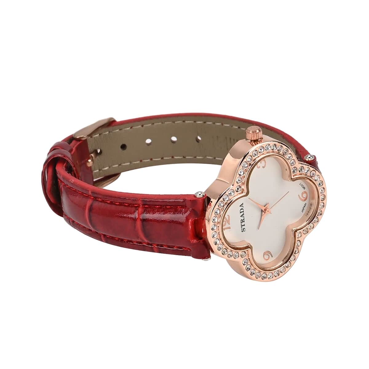 Strada Austrian Crystal Japanese Movement Four Clover Leaf Pattern Watch in Rosetone with Red Faux Leather Strap (36.57mm) (6.5-8.5 Inches) image number 5