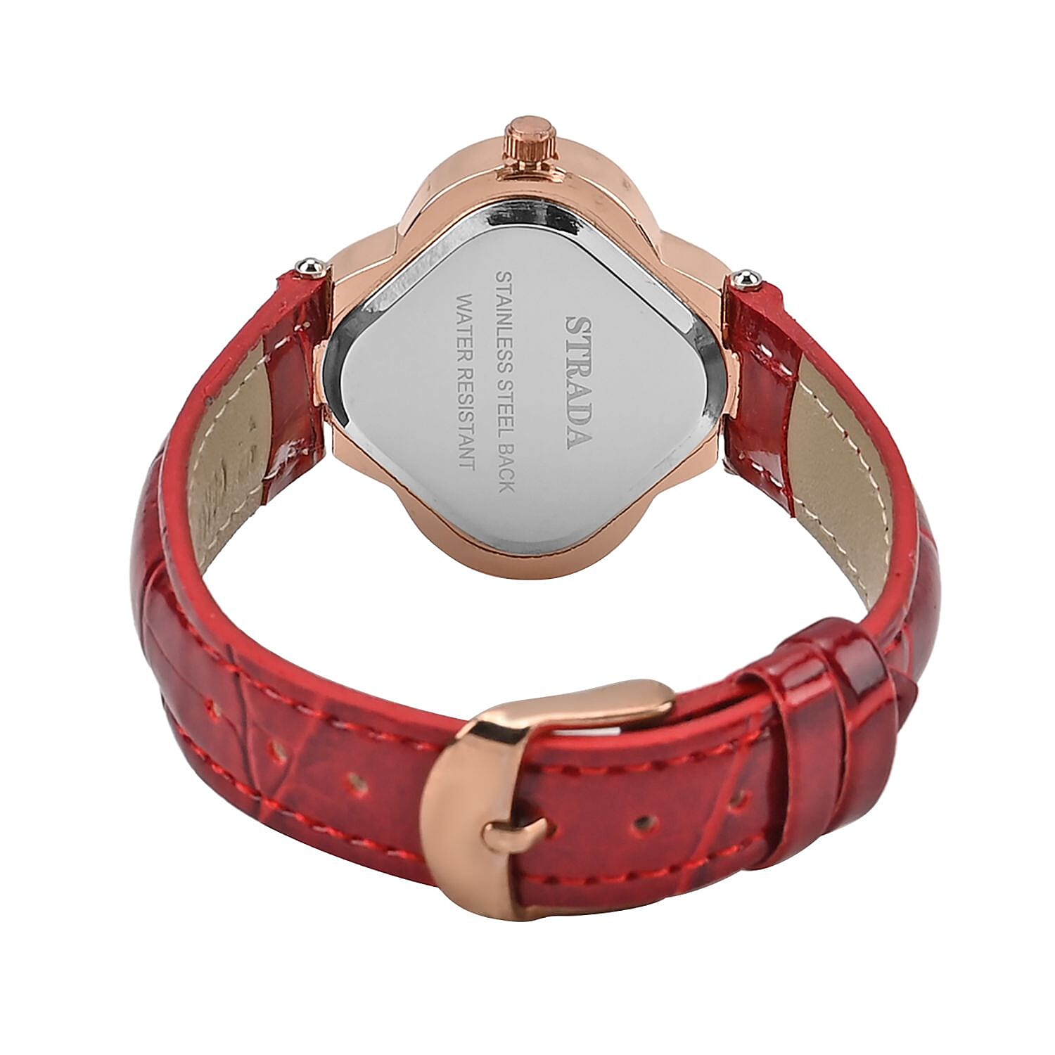 Strada Austrian Crystal Japanese Movement Four Clover Leaf Pattern Watch in Rosetone with Red Faux Leather Strap (36.57mm) (6.5-8.5 Inches)