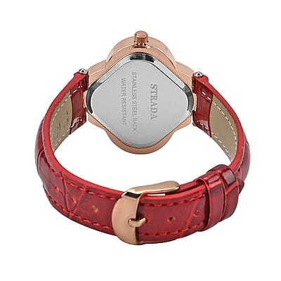 Strada Austrian Crystal Japanese Movement Four Clover Leaf Pattern Watch in Rosetone with Red Faux Leather Strap (36.57mm) (6.5-8.5 Inches)