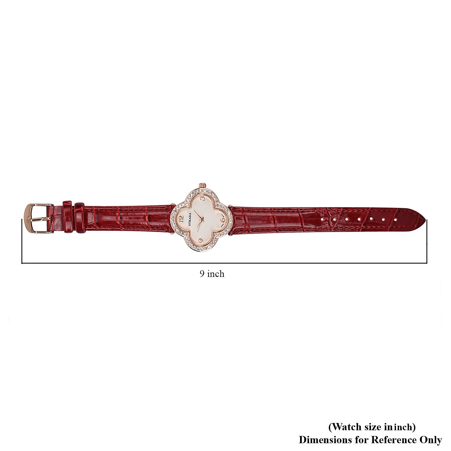 Strada Austrian Crystal Japanese Movement Four Clover Leaf Pattern Watch in Rosetone with Red Faux Leather Strap (36.57mm) (6.5-8.5 Inches)