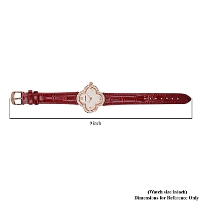 Strada Austrian Crystal Japanese Movement Four Clover Leaf Pattern Watch in Rosetone with Red Faux Leather Strap (36.57mm) (6.5-8.5 Inches)