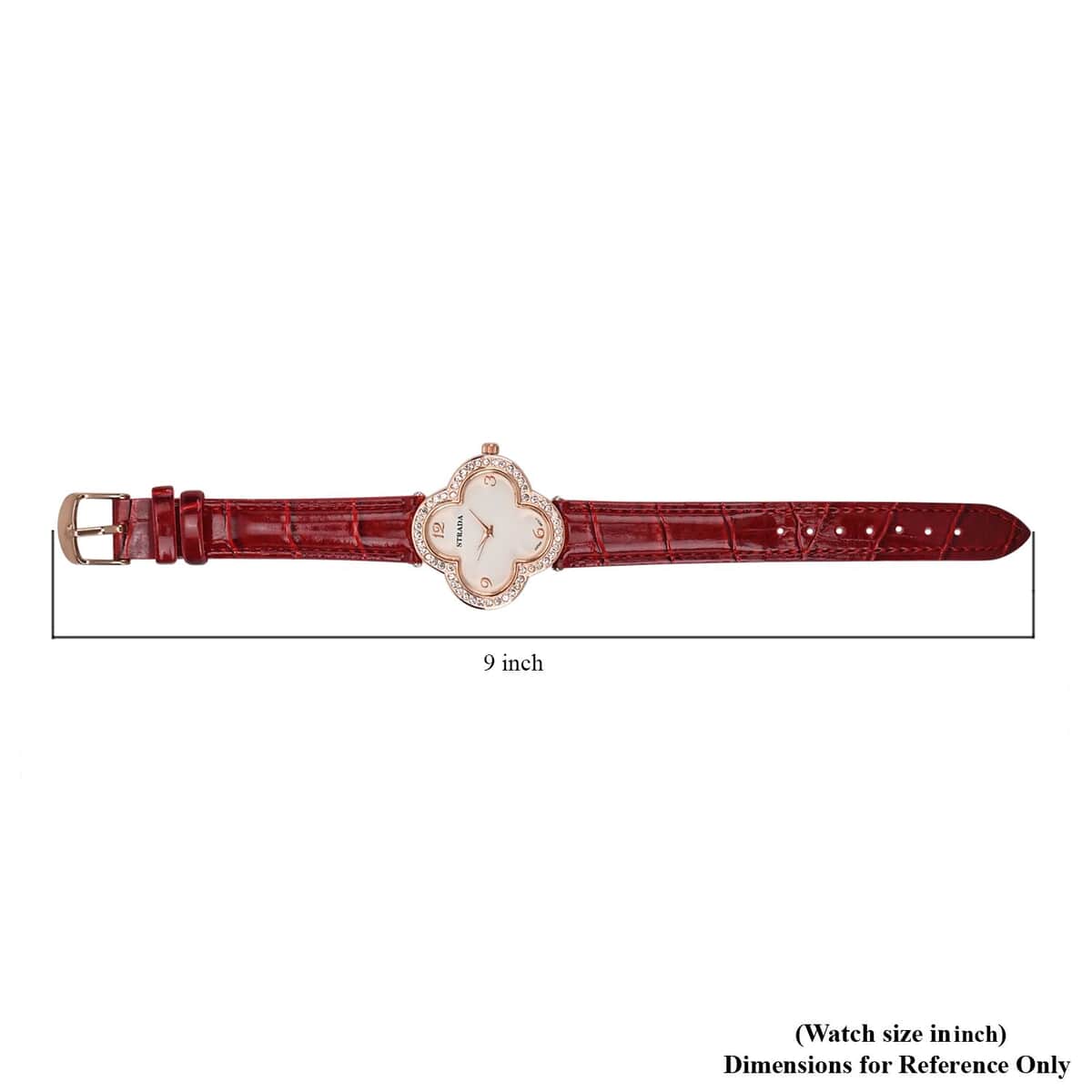 Strada Austrian Crystal Japanese Movement Four Clover Leaf Pattern Watch in Rosetone with Red Faux Leather Strap (36.57mm) (6.5-8.5 Inches) image number 7