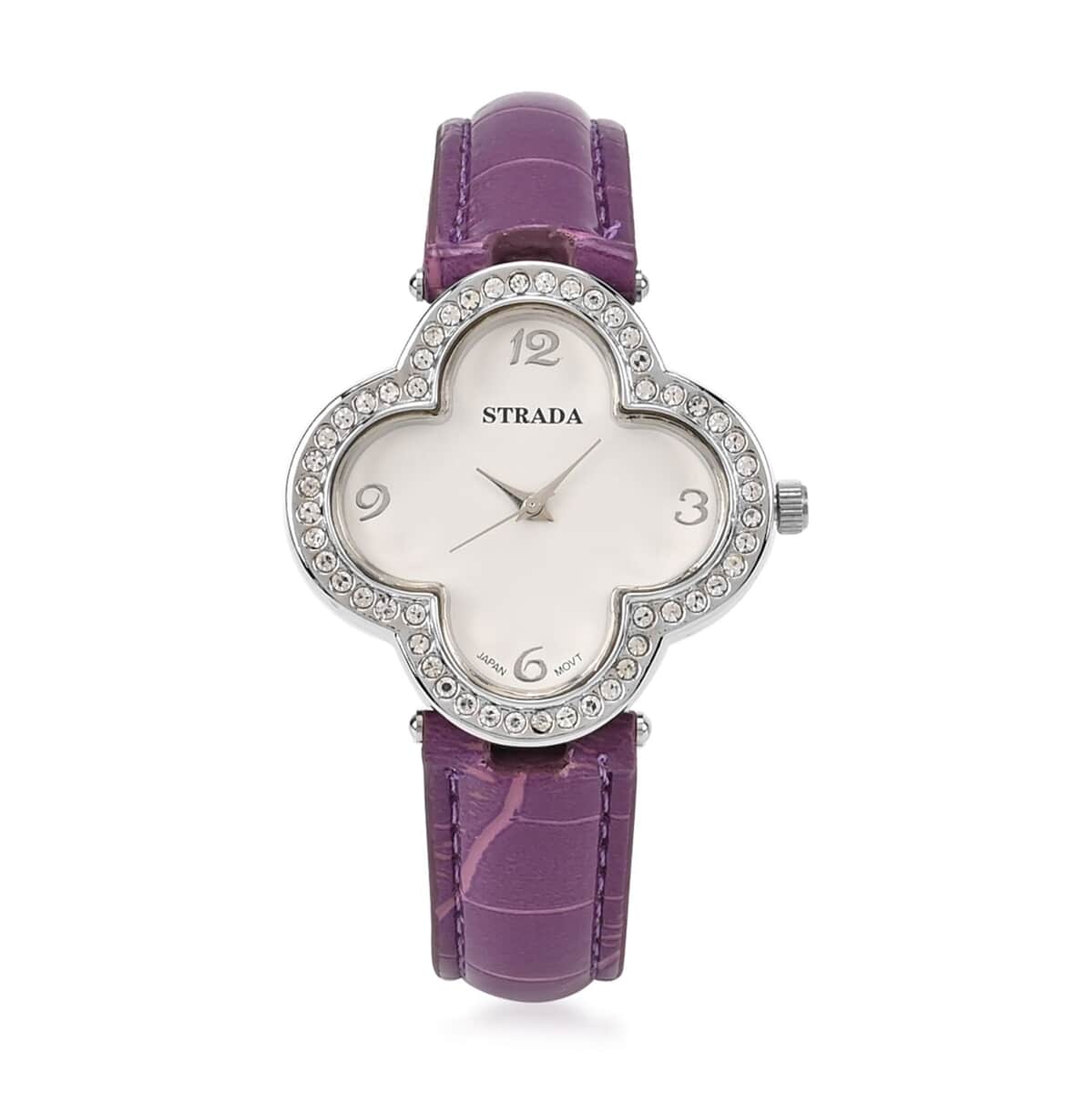 Strada Austrian Crystal Japanese Movement Four Clover Leaf Pattern Watch in Silvertone with Purple Faux Leather Strap (36.57mm) (6.5-8.5 Inches) image number 0