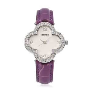 Strada Austrian Crystal Japanese Movement Four Clover Leaf Pattern Watch in Silvertone with Purple Faux Leather Strap (36.57mm) (6.5-8.5 Inches)