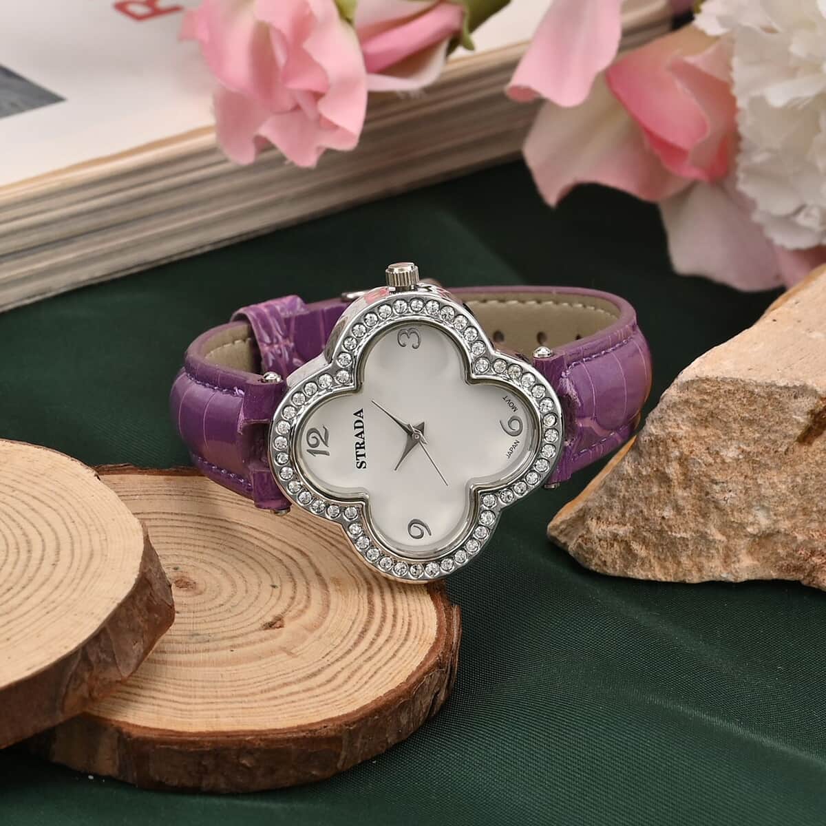 Strada Austrian Crystal Japanese Movement Four Clover Leaf Pattern Watch in Silvertone with Purple Faux Leather Strap (36.57mm) (6.5-8.5 Inches) image number 1