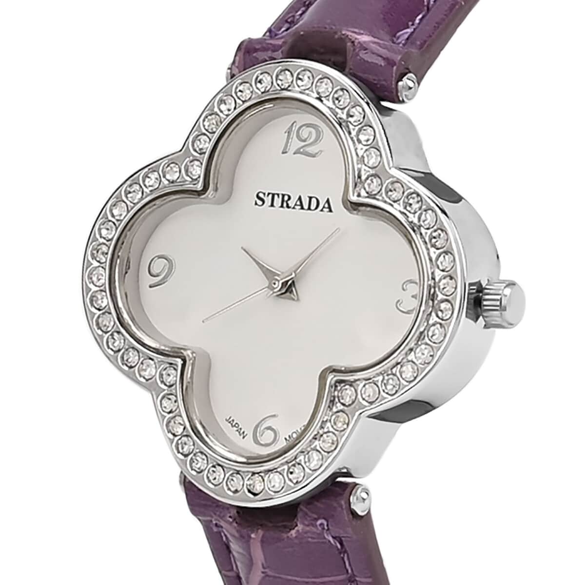 Strada Austrian Crystal Japanese Movement Four Clover Leaf Pattern Watch in Silvertone with Purple Faux Leather Strap (36.57mm) (6.5-8.5 Inches) image number 3