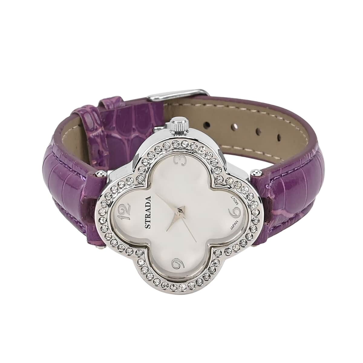 Strada Austrian Crystal Japanese Movement Four Clover Leaf Pattern Watch in Silvertone with Purple Faux Leather Strap (36.57mm) (6.5-8.5 Inches) image number 4