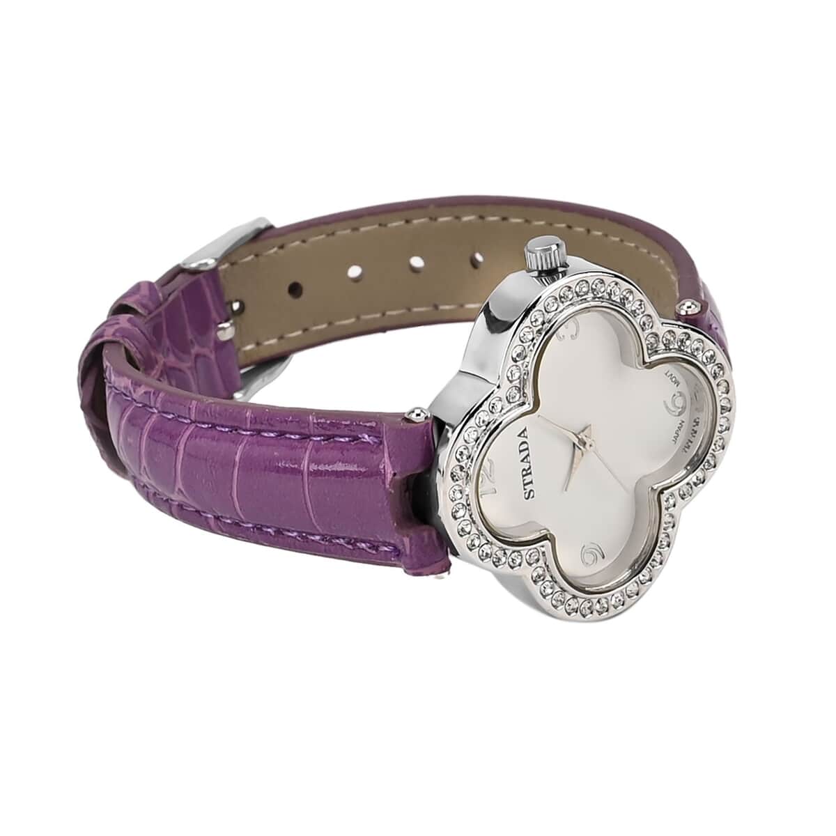 Strada Austrian Crystal Japanese Movement Four Clover Leaf Pattern Watch in Silvertone with Purple Faux Leather Strap (36.57mm) (6.5-8.5 Inches) image number 5