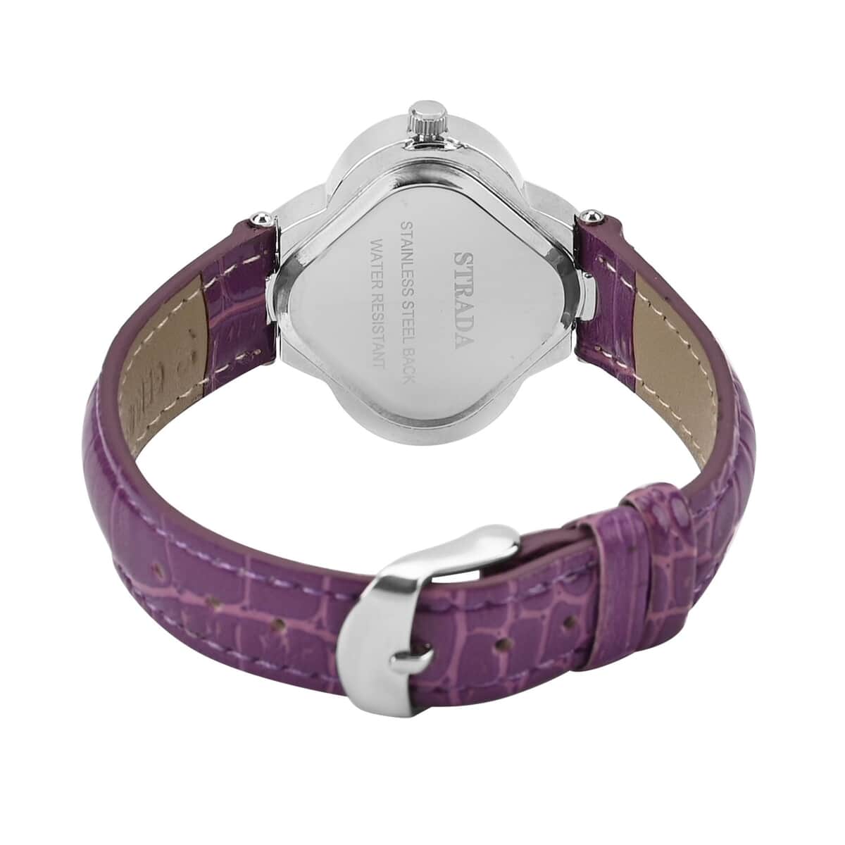 Strada Austrian Crystal Japanese Movement Four Clover Leaf Pattern Watch in Silvertone with Purple Faux Leather Strap (36.57mm) (6.5-8.5 Inches) image number 6