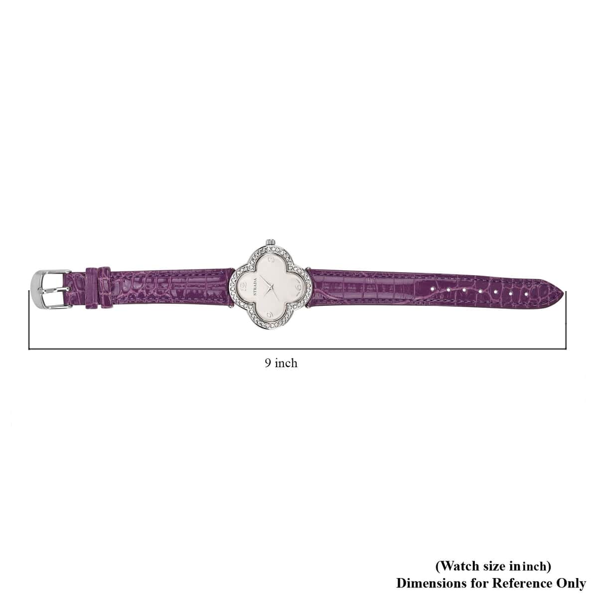 Strada Austrian Crystal Japanese Movement Four Clover Leaf Pattern Watch in Silvertone with Purple Faux Leather Strap (36.57mm) (6.5-8.5 Inches) image number 7