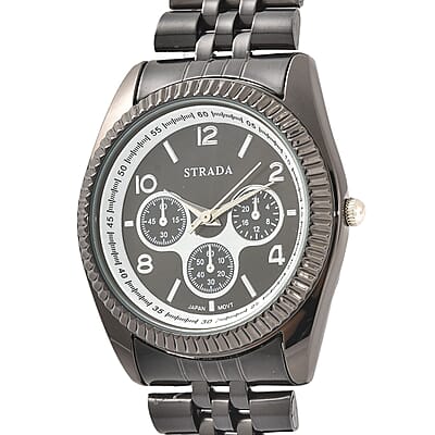 Strada Japanese Movement Watch with Black Silvertone Strap (34.80mm) (6.50-7.50 Inches)