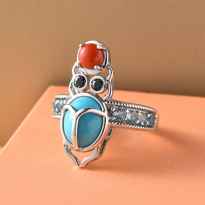 Sleeping Beauty Turquoise and Multi Gemstone Owl Ring in Platinum Over Sterling Silver (Size 10.0) 3.75 ctw
