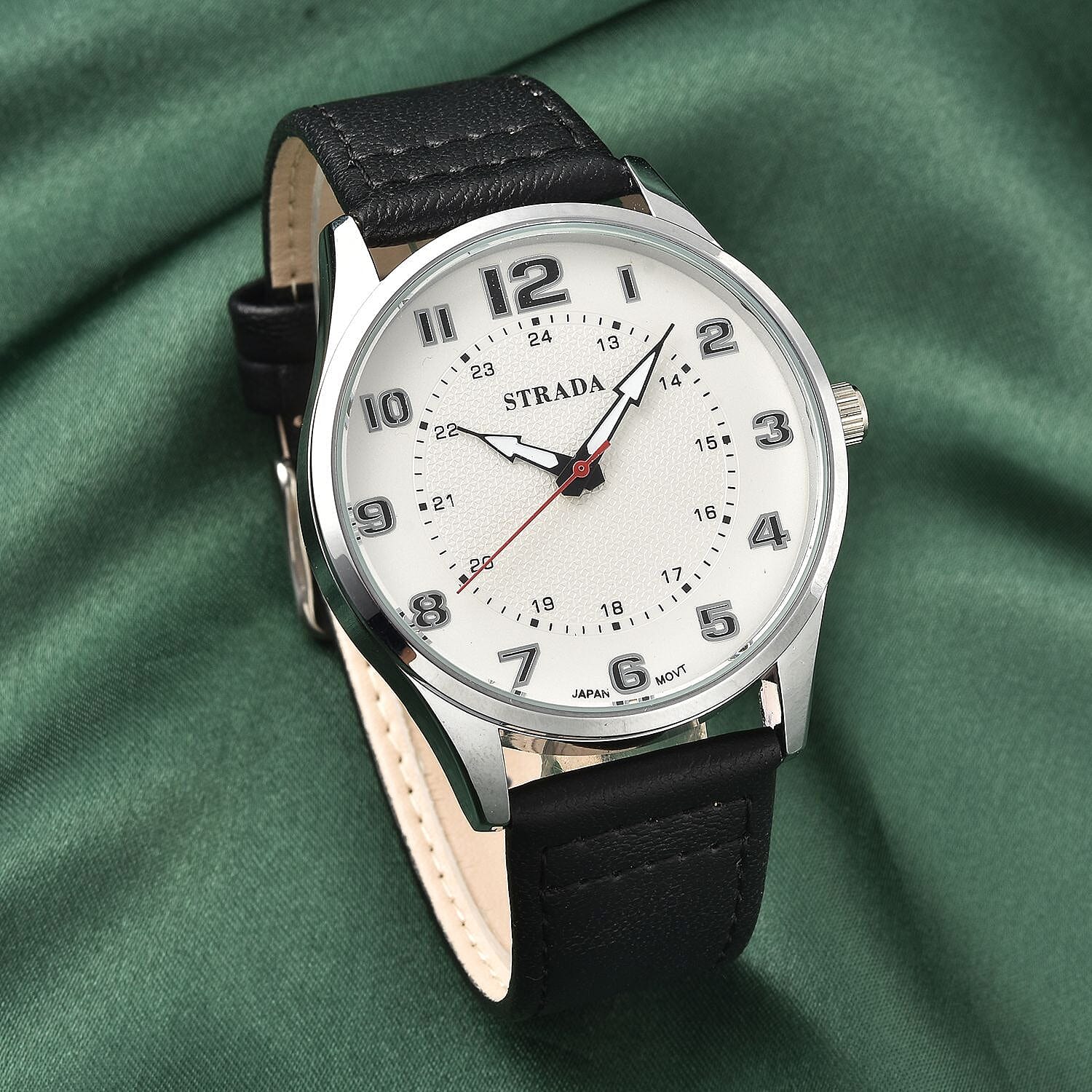 Strada Japanese Movement Watch with Black Faux Leather Strap (42mm) (6.25-8.25 Inches)