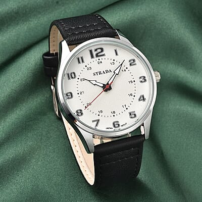 Strada Japanese Movement Watch with Black Faux Leather Strap (42mm) (6.25-8.25 Inches)