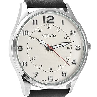 Strada Japanese Movement Watch with Black Faux Leather Strap (42mm) (6.25-8.25 Inches)