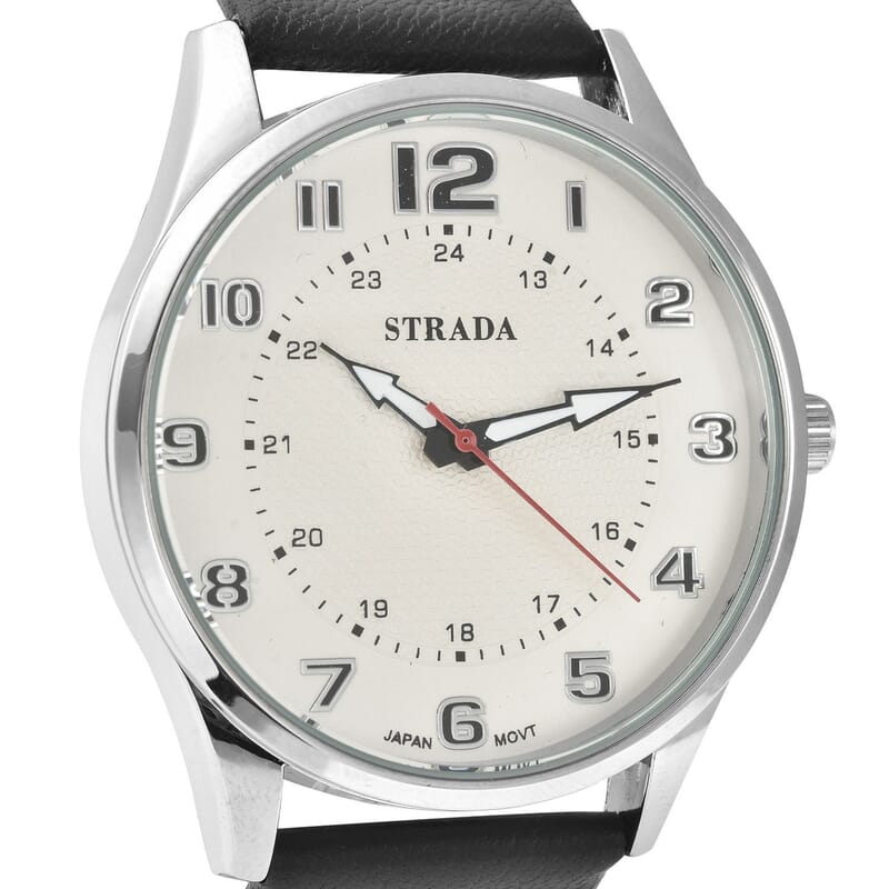 Strada Japanese Movement Watch with Black Faux Leather Strap (42mm) (6.25-8.25 Inches)